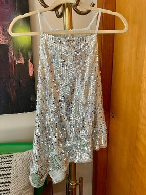 Anthropologie Silver Sequin Asymmetrical Top